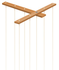 Wooden marionette control bar with strings without puppet. Symbol for manipulation, control, authority, domination - or just as a toy for a puppeteer. Isolated vector on white.