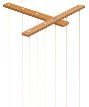 Wooden marionette control bar with strings without puppet. Symbol for manipulation, control, authority, domination - or just as a toy for a puppeteer. Isolated vector on white.