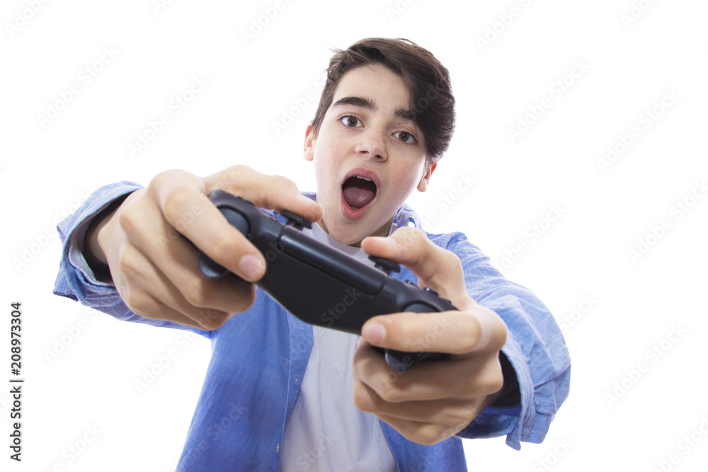 Wall mural isolated teenager playing video games