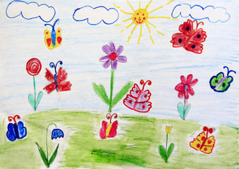 Childish drawing of clearing with flowers rainbow and butterflies