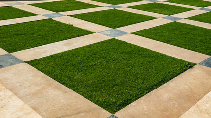 green grass between marble slabs