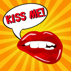Kiss me!!! Sweet sexy pop art Pair of Glossy Vector Lips. Open Sexy wet red lips with teeth pop art set orange and yellow backgrounds, vector illustration, pattern, lettering. 