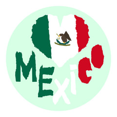Love Mexico, America. Vintage national flag in silhouette of heart Torn paper grunge texture style. Independence day background. Good idea for retro badge, banner, T-shirt graphic design.