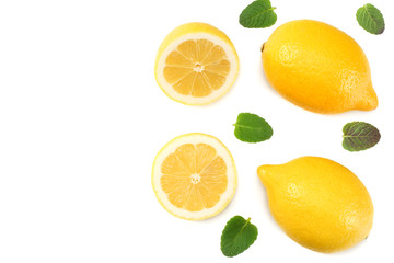 healthy food. sliced lemon with green leaf isolated on white background top view