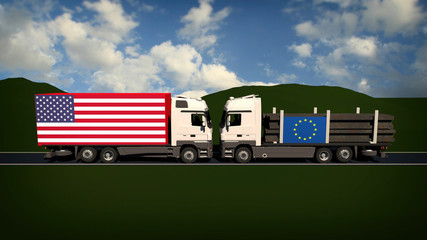 Europäischer LKW mit Stahl steht vor amerikanischen LKW / Strafzölle auf Stahl und Aluminium © brainwashed 4 you