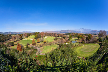Scenic Golf Course In Autumn Fall in Mountains Birds Eye Landscape