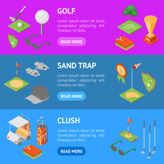 Fototapeta premium Golf Game Equipment Banner Horizontal Set Isometric View. Vector