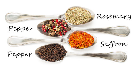 Different spices in iron spoons isolated on white
