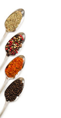 Different spices in iron spoons isolated on white