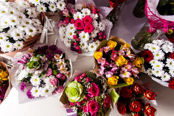 Top view of variaty of bouquets