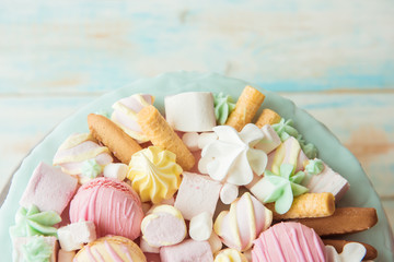 Lots of sweets: macarons, marshmallows, cookies. The view from the top