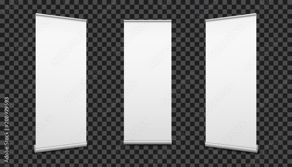 Wall mural creative vector illustration of empty roll up banners with paper canvas texture isolated on transpar