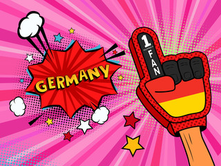 Sports fan male hand in glove raised up celebrating win of Germany country flag. Germany speech bubble with stars and clouds. Vector colorful fan illustration