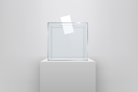 Creative Vector Illustration Of Realistic Empty Transparent Ballot Box With Voting Paper In Hole Isolated On Background. Art Design Glass Case Is On Museum Pedestal, Stage, 3d Podium. Concept Graphic