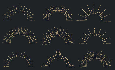 Creative vector illustration of geometric hand drawn sun beams isolated on background. Art design linear sunlight waves, shining lines ray stars. Abstract concept graphic round or circle form element