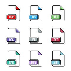 Creative vector illustration of file type icon set isolated on background. Art design flat lable. Document formats. Abstract concept graphic pictogram element for web, multimedia, computer technology