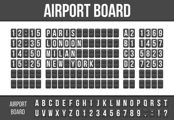 Creative vector illustration of realistic flip scoreboard, arrival airport board with alphabet, numbers isolated on transparent background. Art design. Analog timetable font. Concept graphic element