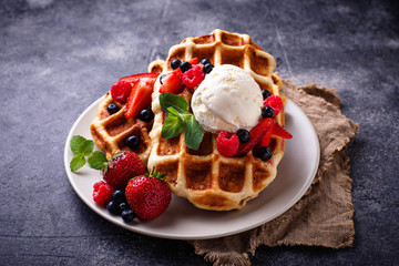 Belgium waffles with berries and ice cream - obrazy, fototapety, plakaty