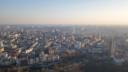 Fototapeta na wymiar Panoramic aerial view from the drone, a view of the bird's eye view of the the central historical part of the city of Kiev, Ukraine, with old buildings of the city.