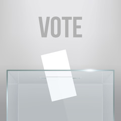 Creative vector illustration of realistic empty transparent ballot box with voting paper in hole isolated on background. Art design glass case is on museum pedestal, stage, 3d podium. Concept graphic