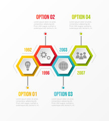 Concept of company timeline with business icons. Vector.