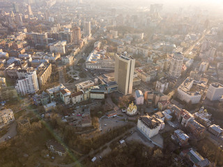 Panoramic aerial view from the drone, a view of the bird's eye view of the the central part of the city of Kiev, Ukraine, the old buildings of the city.