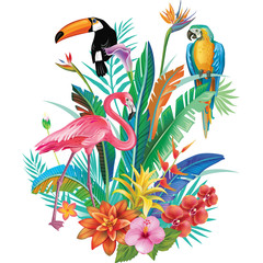 Naklejki  Kompozycja tropikalnych kwiatów i ptaków