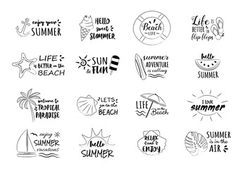 Hand drawn summer icons - big collection with funny text. Vector.