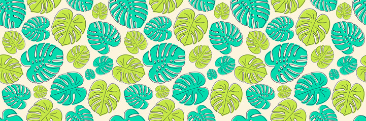 Fototapeta na wymiar Concept of summer wrapping paper with tropical leaves. Vector.