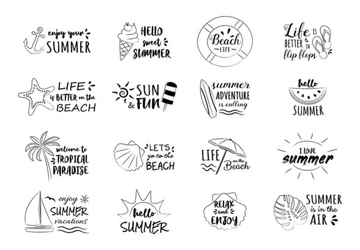 Hand drawn summer icons - big collection with funny text. Vector.