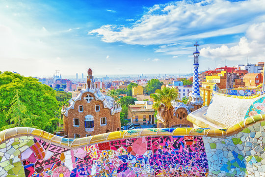 Barcelona, Spain, Park Guell. Fanrastic view of famous bench in Park Guell in Barcelona, famous and extremely popular travel destination in Europe.