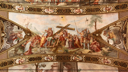 la prova della vera Croce; affresco dei Carlone nella chiesa di Sant'Antonio a Milano