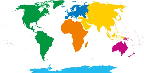 Sechs Kontinente, Weltkarte. Afrika, Amerika, Antarktis, Asien, Australien und Europa. Umrisse und farbige Formen. Robinson-Projektion. Isoliert auf weißem Hintergrund. Vektor. © Peter Hermes Furian