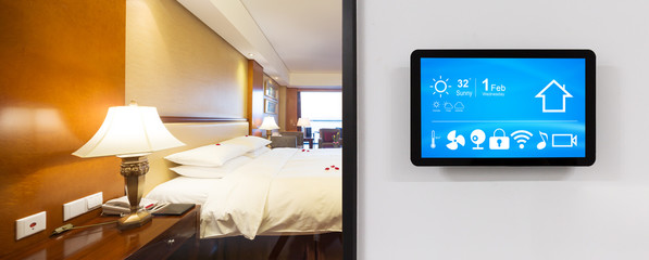 smart screen with smart home apps on wall in modern living room