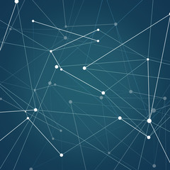 Abstract shapes background and technology network design. Atomic, science and molecular vector pattern on dark background