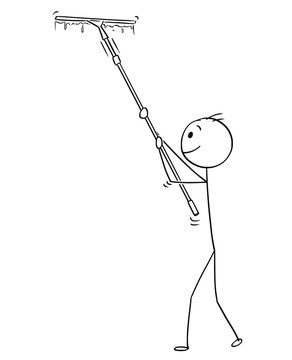 Cartoon stick drawing conceptual illustration of man cleaning window with long squeegee or cleaner.