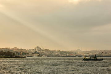 Fototapeta na wymiar Landscape panoramic view from the sea to the historical part of Istanbul, Turkey.