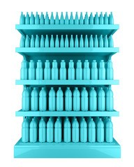 Stand with faceless bottles in turquoise color