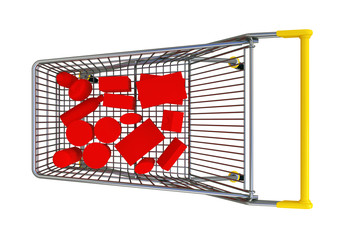 supermarket trolley with faceless red goods on top view