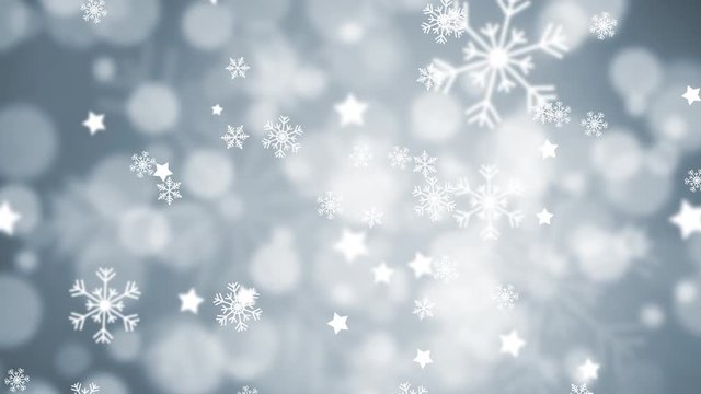Beautiful silver blue colored blurry snowflakes and stars slow motion background. 