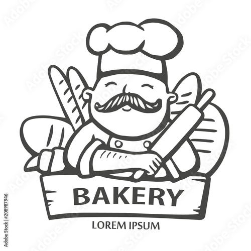 Bakery Logo Hand Drawn Vector Illustration Of Chief Cooker With A