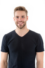 Fototapeta premium Man with bristle smiling face isolated white background. Perfect smile concept. Smile is part of his style. Man with beard unshaven guy looks handsome cheerful good mood. Guy happy wears black shirt
