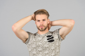 Guy bearded attractive with hairstyle. Man bearded strict face enjoy freshness of hair, grey...