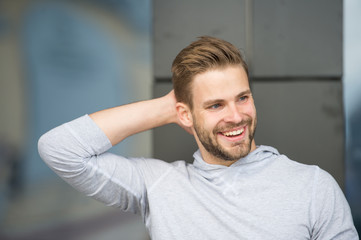 Man confident in his antiperspirant. Prevent, reduce perspiration. No sweat - deodorant works. Guy...