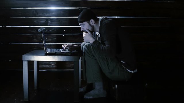 Man the hacker works behind the computer