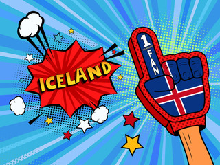 Naklejka premium Sports fan male hand in glove raised up celebrating win of Iceland country flag. Iceland speech bubble with stars and clouds. Vector colorful fan illustration