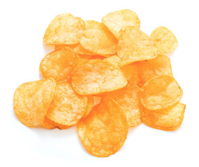heap of fresh potato chips isolated on white background