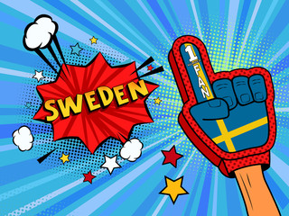 Naklejka premium Sports fan male hand in glove raised up celebrating win of Sweden country flag. Sweden speech bubble with stars and clouds. Vector colorful fan illustration