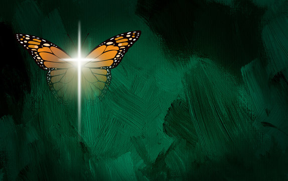 Graphic abstract Christian Cross and Butterfly wings. Conceptual illustration of spiritual re-creation.