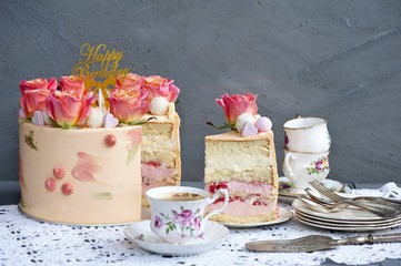 Biscuit cake with roses, traditional English tea, high tea 